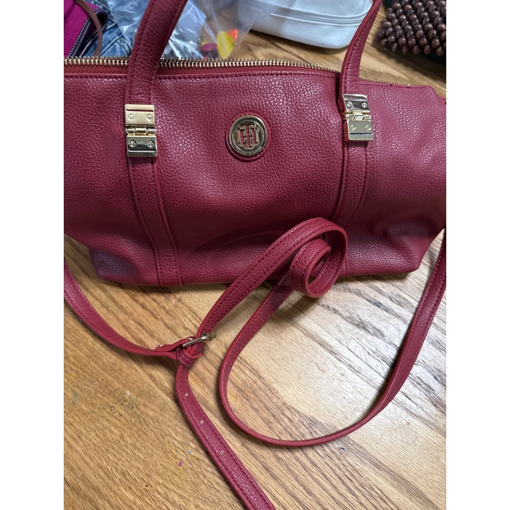Tommy Hilfiger Red Pebbled Faux Leather Satchel Crossbody Handbag Gold Hardware